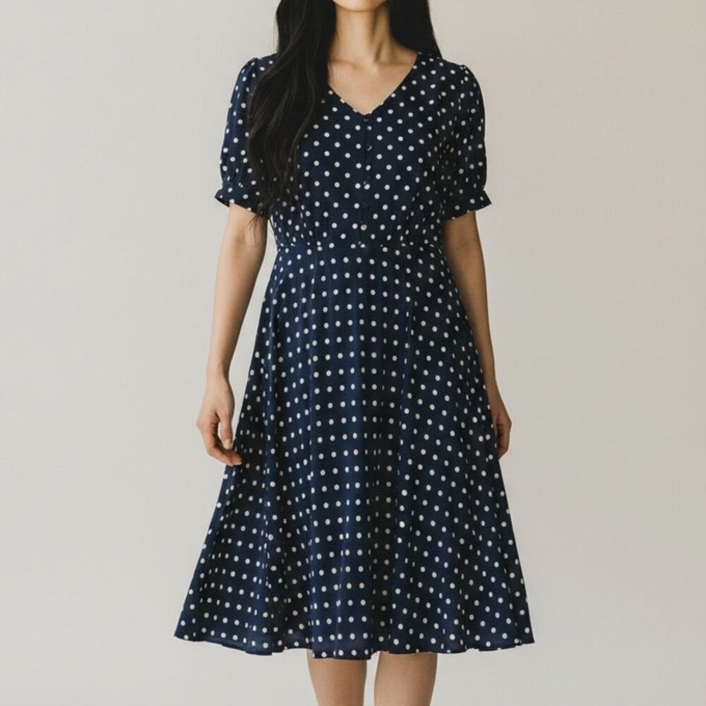 J. Crew Timeless Classic Polka Dot Lined Short Sleeves Midi Dress 4 Navy Blue